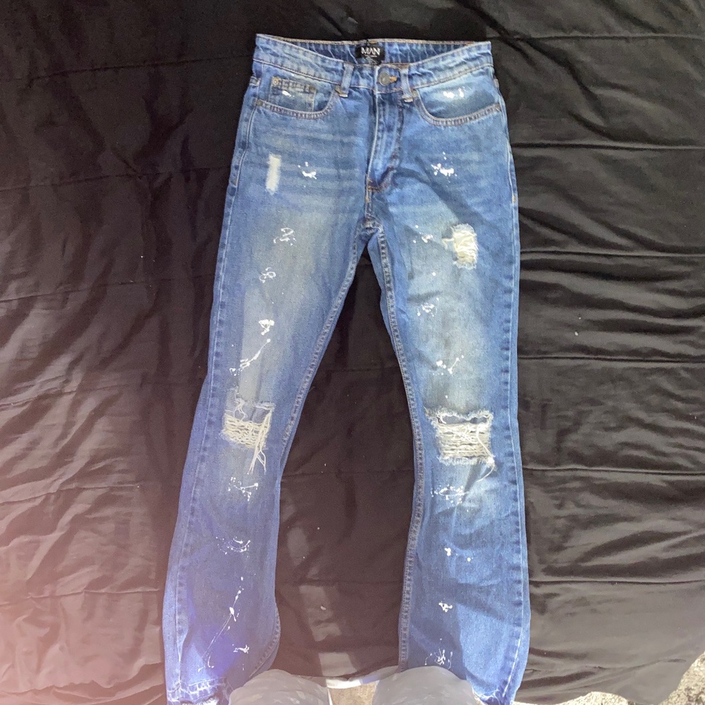 Boohoo Man paint splatter blue flare jeans